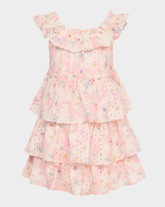 Girl's Floral-Print Eyelet Lace Trim Dress, Size 2T-10
